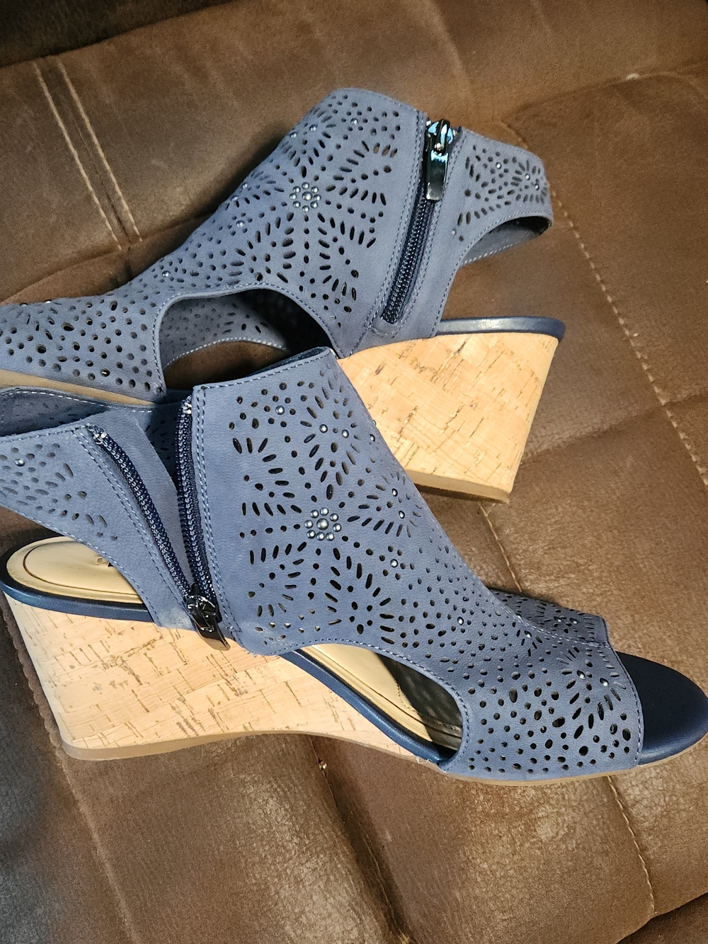 Alex Marie Navy Perforated Peep-Toe Cork Wedges